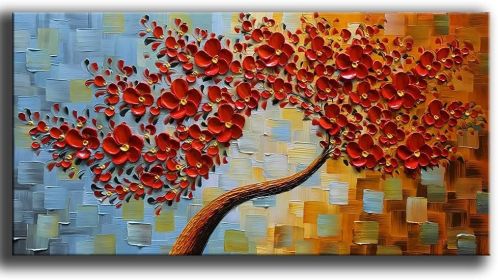 Large Canvas Wall Art ,Hand Painted 3D Texture Wall Art Red Floral Oil Painting, Modern Abstract Artworks Paintings