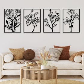 4 Pcs Black Metal Flower Wall Art, Abstract Line Art Wall Decor, Minimalist Floral Wall Hanging Art