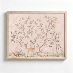 Pink Nursery Wall Art Vintage Chinoiserie Poster Baby Girl Room Canvas Wall Decor Cottagecore Animal Print Botanical Flower Deer Picture Girl Nur