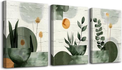 Boho Canvas Wall Art Set, Abstract Plant and Geometric Wall Decor for Bedroom, Living Room, Bathroom and Office, 3 Piece Set
