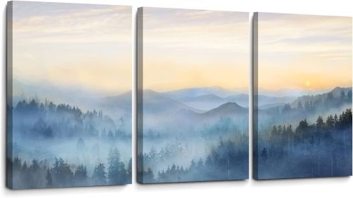 Wall Decor for Bedroom 3 Panel Sunrise Misty Forest Print Picture Paintings Wall Art for Living Room Bathroom Framed Canvas Artwork Modern Room W