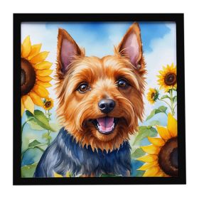 Australian Terrier in Sunflowers Framed Metal Print Bathroom, Kitchen, Office, Home Decor Wall Art Ready to Hang, Square, 8X8