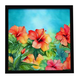Hawaii Hawaiian Hibiscus in Watercolor Framed Metal Print Bathroom, Kitchen, Office, Home Decor Wall Art Ready to Hang, Square, 8X8