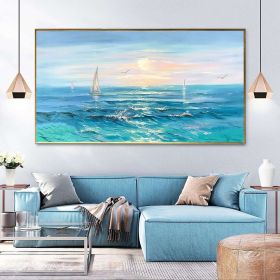 Hand Painted Large Ocean Oil Painting Original Blue Sea Wall Art Peaceful Ocean Painting On Canvas Large Seascape Painting Blue Canvas Art Ocean (Style: 01, size: 40x80cm)