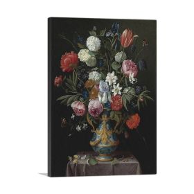 Still Life Irises Peonies Narcissi Tulip Flowers Blue White Porcelain Vase (Type: Standard Framed Canvas Print, size: 40" x 26" / 100cm x 65cm (approx))