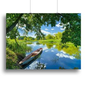 blue sky clouds Narew river boat Canvas Print or Poster (Type: Poster Print, size: 40" x 26" / 100cm x 65cm (approx))