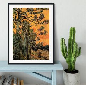 Pine Trees against a Red Sky with Setting Sun by Van Gogh Framed Print (Color: Black/With White Edging, size: 48" x 32" / 120cm x 80cm (approx))